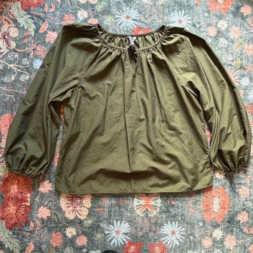 Tommy Bahama Womens Olive Green Cotton Silk Peasant Blouse Keyhole Top Medium